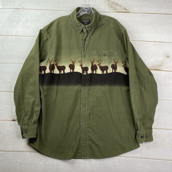 Vtg Woolrich Flannel Shirt Mens XL Olive Green Wrap Around Deer Print Chamois - Picture 1 of 12